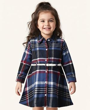 Babyhug Cotton Woven Full Sleeves Checkered Shirt Dress with Belt - Multicolor
