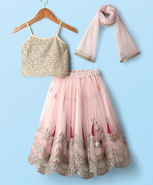 Babyhug Woven Sleeveless Lehenga Choli and Dupatta  Set with Net Embroidered Sequin & Lace Detailing- Light Pink