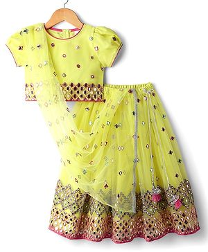 Babyhug Woven Puffed Sleeves Choli Lehenga & Dupatta Set With Mirror Embriodery - Yellow