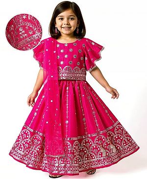 Babyhug Woven Half Sleeves Choli Lehenga & Dupatta Set With Floral Embriodery - Fuschia
