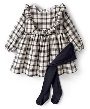 Babyhug Cotton Woven Full Sleeves Checkered Frock With Legging & Frill Detailing - Black