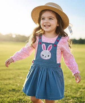 Babyhug Cotton Woven Frock with Full Sleeves Heart Printed Top & Bunny Embroidery - Blue