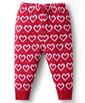 Babyhug Sweater Knit Full Length Woollen Bottom With Heart Print - Red