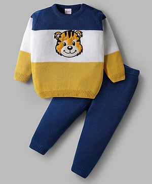 Babyhug Knit Full Sleeves Pullover Sweater Set with Tiger Patch & Color Block Detailing - Navy Blue White & Yellow
