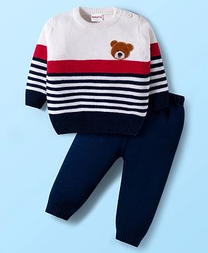 Babyhug Knitted Full Sleeves Sweater Set With Teddy Bear Patch - Red Navy Blue & White