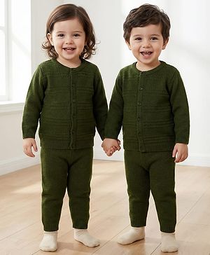Babyhug Knit Full Sleeves Solid Color Front Open Sweater Set - Green