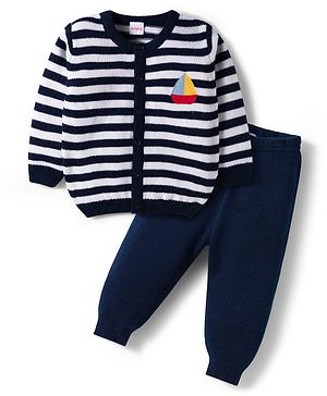 Babyhug Knit Full Sleeves Sweater  Set With Stripes - Navy Blue