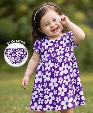 Babyhug Cotton Knit Half Sleeves Frock With Floral Print & Bloomer - Purple
