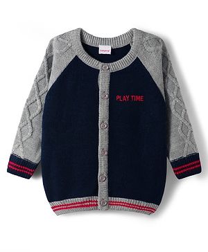 Babyhug Knitted Full Raglan Sleeves Front Open Sweater With Cable Knit Design - Navy Blue