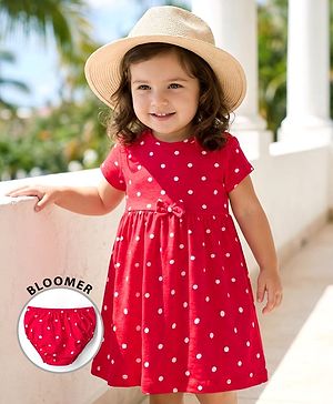 Babyhug Cotton Knit Half Sleeves Polka Dot Printed Frock With Bow Applique & Bloomer - Red