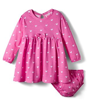 Babyhug Cotton Knit Full Sleeves Frock With Bloomers & Heart Print - Pink
