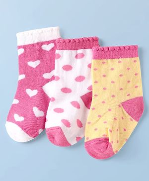Cute Walk By Babyhug Knit Ankle Length Anti Bacterial Socks With Polka Dot & Heart Design Pack of 3 - Yellow Pink & White