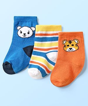 Cute Walk By Babyhug Knit Ankle Length Anti Bacterial Socks With Stripes & Animal Design Pack of 3 - Orange White & Blue