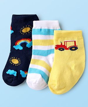 Cute Walk by Babyhug Knit Ankle Length Antibacterial Socks With Stripes & Vehicle Print Pack Of 3 - Yellow White & Navy Blue