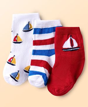 Cute Walk by Babyhug Knit Ankle Length Antibacterial Socks With Stripes & Nautical Design Pack Of 3 - Red & White