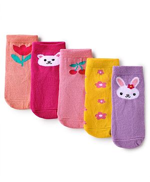 Cute Walk by Babyhug Knit Ankle Length Antibacterial Socks With Floral & Animal Design Pack Of 5 - Multicolour