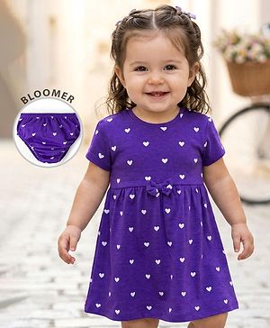 Babyhug Cotton Knit Half Sleeves Frock With Heart Print & Bloomer - Purple