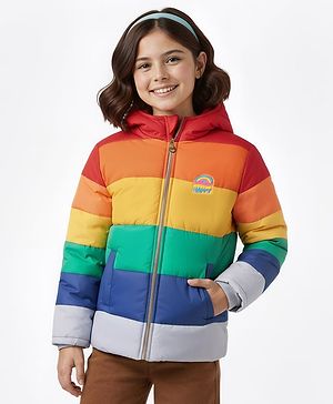 Pine Kids Woven Full Sleeves Colour Block Padded Hooded Jacket With Rainbow Patch Detailing - Multi Colour