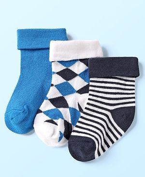 Cute Walk By Babyhug Knit Ankle Length Anti Bacterial Socks With Checks & Stripes Pack of 3 - White Navy & Medium Blue
