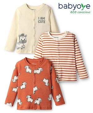Babyoye 100% Cotton Inyterlock Knit Full Sleeves Front Open Jhabla with Stripe & Zebra Print Pack of 3 - Cream & Dark Peach