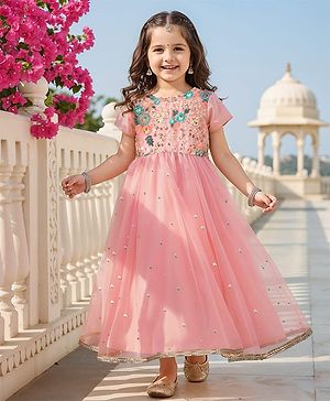 Babyhug Woven Half Sleeves Ethnic Dress With Sequin Detailing & Net Embroidered - Peach