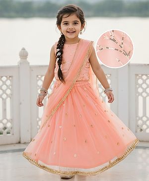 Babyhug Woven Sleeveless Choli Lehenga Set with Dupatta Sequin & Lace Detailing - Peach