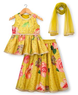 Babyhug Woven Sleeveless Choli Lehenga & Dupatta Set With Digital Printed & Embriodery - Yellow