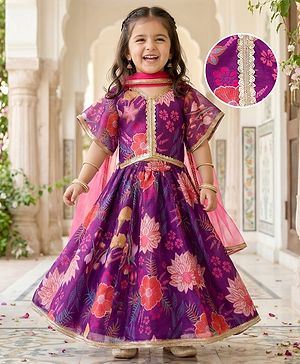 Babyhug Woven Half Sleeves Digital Printed With Embroidered Choli Lehenga & Dupatta Set - Purple