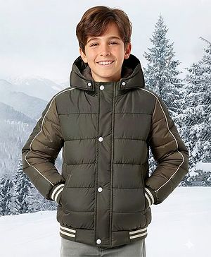 Pine Kids Woven Full Sleeves Hooded Solid Padded Jacket - Olive Green
