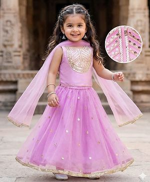 Babyhug Woven Sleeveless Choli Lehenga & Dupatta Set With Sequin Detailing - Lavender