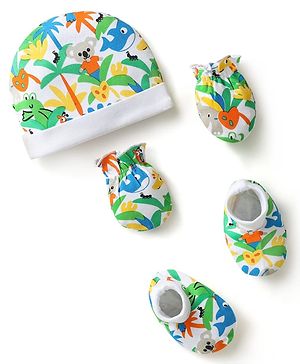 Babyhug 100% Cotton Cap Mittens & Booties Set With Jungle Theme Print Multicolour - Diameter 9 cm