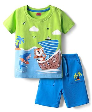 Babyhug Single Jersey Knit Half Sleeves T-Shirt & Shorts Set with Beach Theme Print - Limegreen