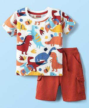 Babyhug Single Jersey Knit Half Sleeves T-Shirt & Shorts Set With Dino Print - White & Red