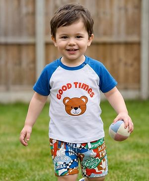 Babyhug Single Jersey Knit Half Raglan Sleeves T-Shirt & Shorts Set With Teddy Bear Print - White