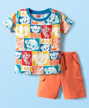 Babyhug Single Jersey Knit Half Sleeves T-Shirt & Shorts Set With Animal Print - Multicolor