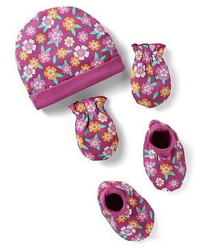 Babyhug 100% Cotton Knit Cap Mittens & Booties With Floral Print Fuchsia - Circumference 28 cm