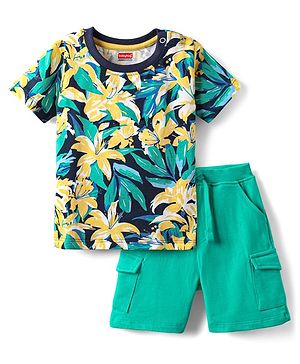 Babyhug Single Jersey Knit Half Sleeves T-Shirt & Shorts Set With Leaf Print - Navy Blue & Green