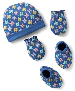 Babyhug 100% Cotton Cap Mittens & Booties Set With Butterfly Print Blue - Diameter 10 cm