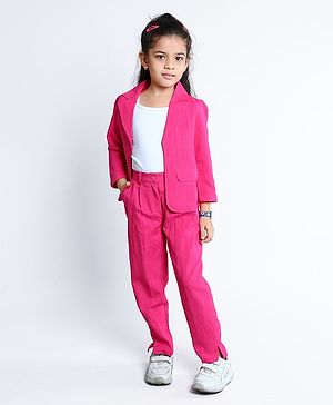 Ministitch Cotton Woven Three Fourth Sleeves Solid Blazer With  Camisole & Coordinating Pant Set - Pink