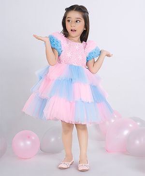 Ministitch Sequin Woven Half Sleeves Floral Sequin Embellished Layered Dress - Blue