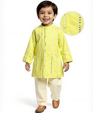 Babyhug Woven Full Sleeves Kurta Pajama Set with Embroided Mirror Work - Yellow