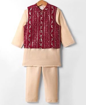 Babyhug Woven Full Length Solid Coloured Kurta Pyjama Set With Embroidery Jacket - Beige & Red