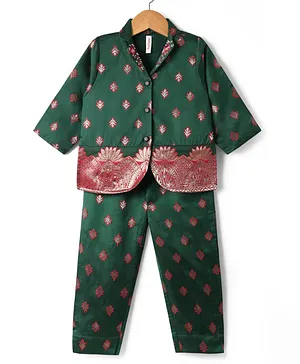 Babyhug Woven Three Forth Sleeve
                              Floral Embroidered Brocade Long Top With
                              Pant Set - Dark Green