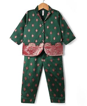 Babyhug Woven Three Forth Sleeve Floral Embroidered Brocade Long Top With Pant Set - Dark Green