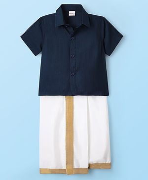 Babyhug Woven Half Sleeves Solid Shirt & Mundu Set - Navy Blue & White