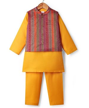 Babyhug Woven Full Sleeves Kurta Pyjama Set With Brocade Jacket - Mustard