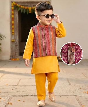 Babyhug Woven Full Sleeves Kurta Pyjama Set With Brocade Jacket - Mustard