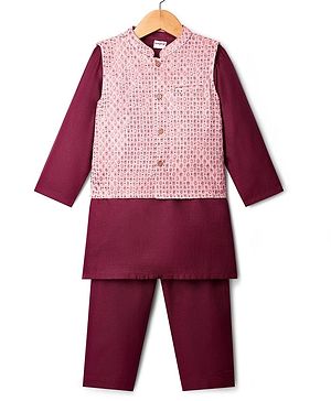 Babyhug Woven Full Sleeves Kurta Pyjama Set With Embroidered Jacket - Wine