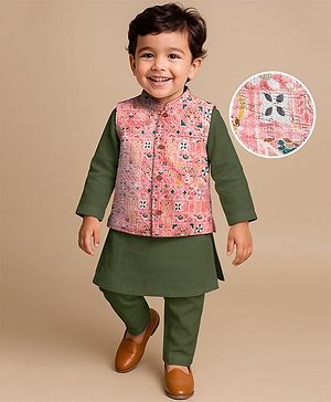 Babyhug Woven Full Sleeves Kurta Pajama Set With Embroidered Jacket - Green