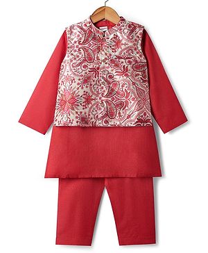 Babyhug Woven Full Length Kurta Pajama Set With Printed Jacket - Red
